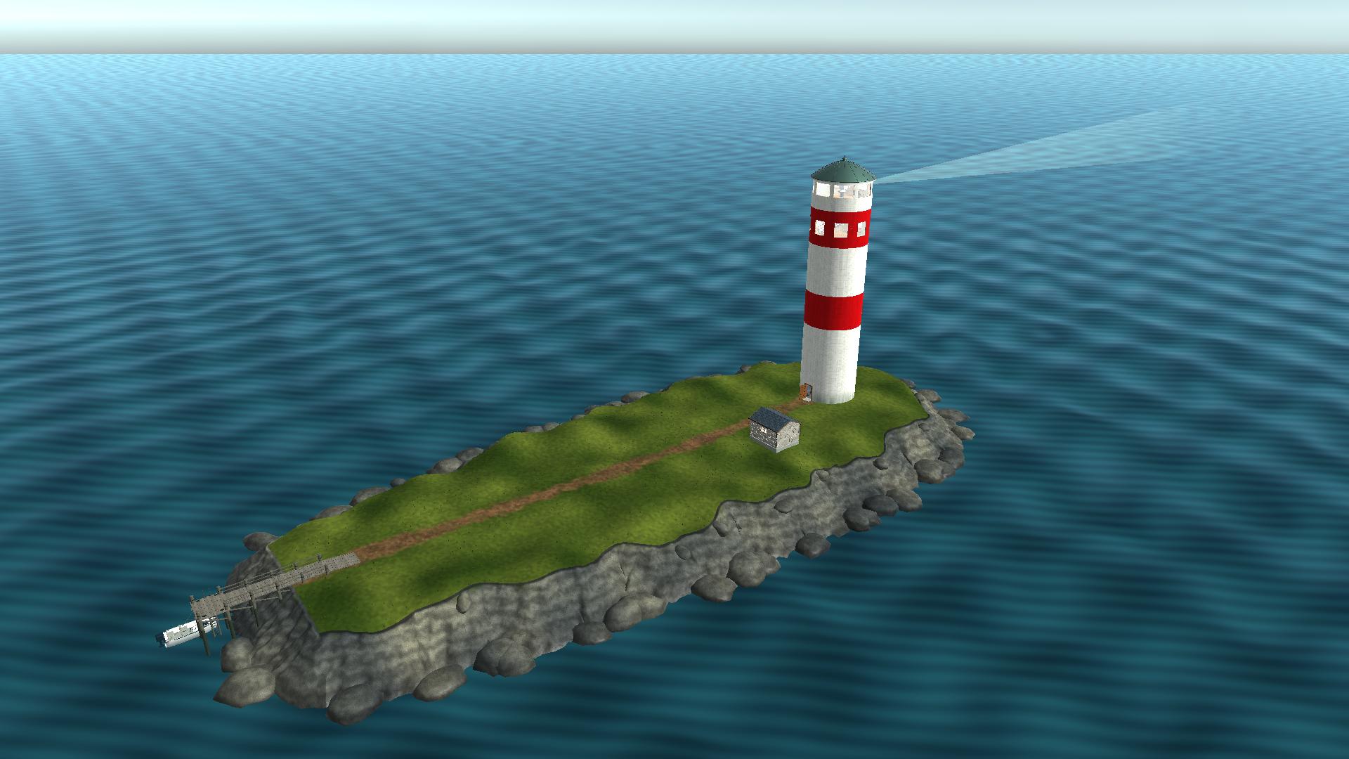 A red-and-white lighthouse on a rocky island with a storehouse, dock and motorboat